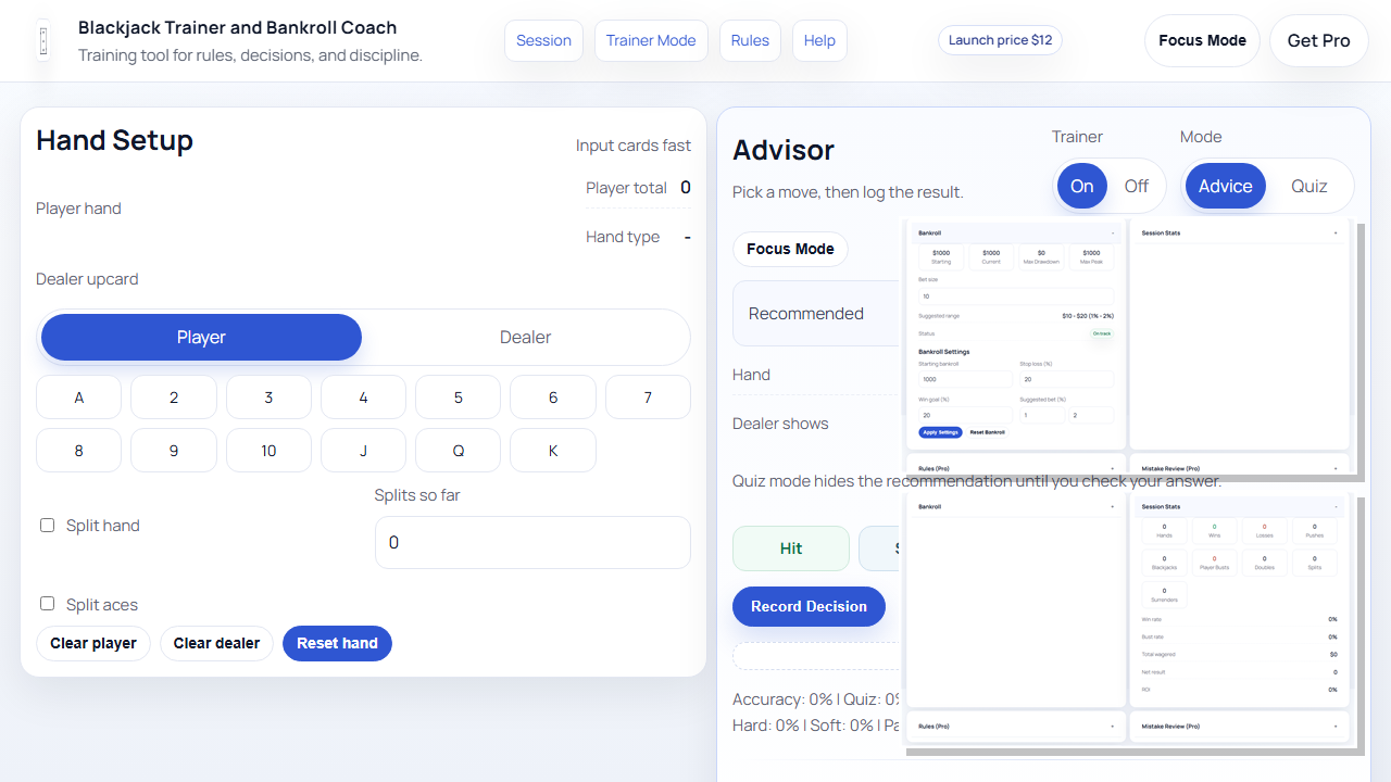 Trainer preview showing live play, bankroll, and stats panels.